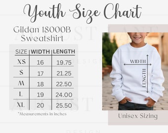 Gildan 18000B Size Chart, Gildan Youth Sweatshirt Size Chart, Gildan 18000B Mockup, Gildan Kids Size Chart, Youth sweatshirt size guide