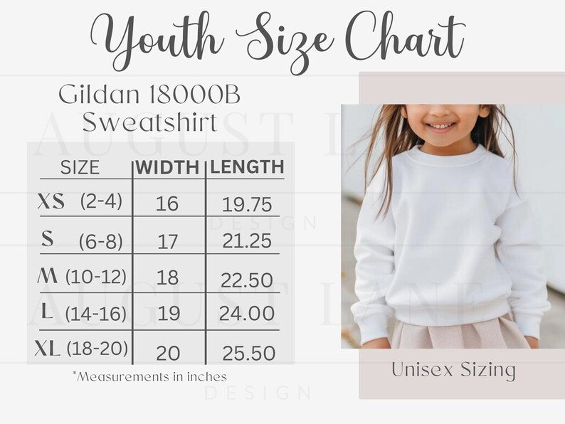 May include: Youth size chart for Gildan 18000B sweatshirts. The chart shows sizes XS to XL with corresponding width and length measurements in inches. The chart is labelled "Unisex Sizing".