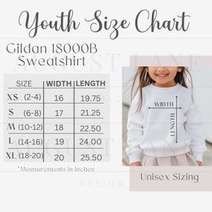 May include: Youth size chart for Gildan 18000B sweatshirts. The chart shows sizes XS to XL with corresponding width and length measurements in inches. A white sweatshirt is shown with the words "WIDTH" and "LENGTH" marked on it.