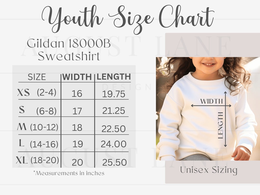 Gildan 18000B Size Chart, Gildan Youth Sweatshirt Size Chart, Gildan