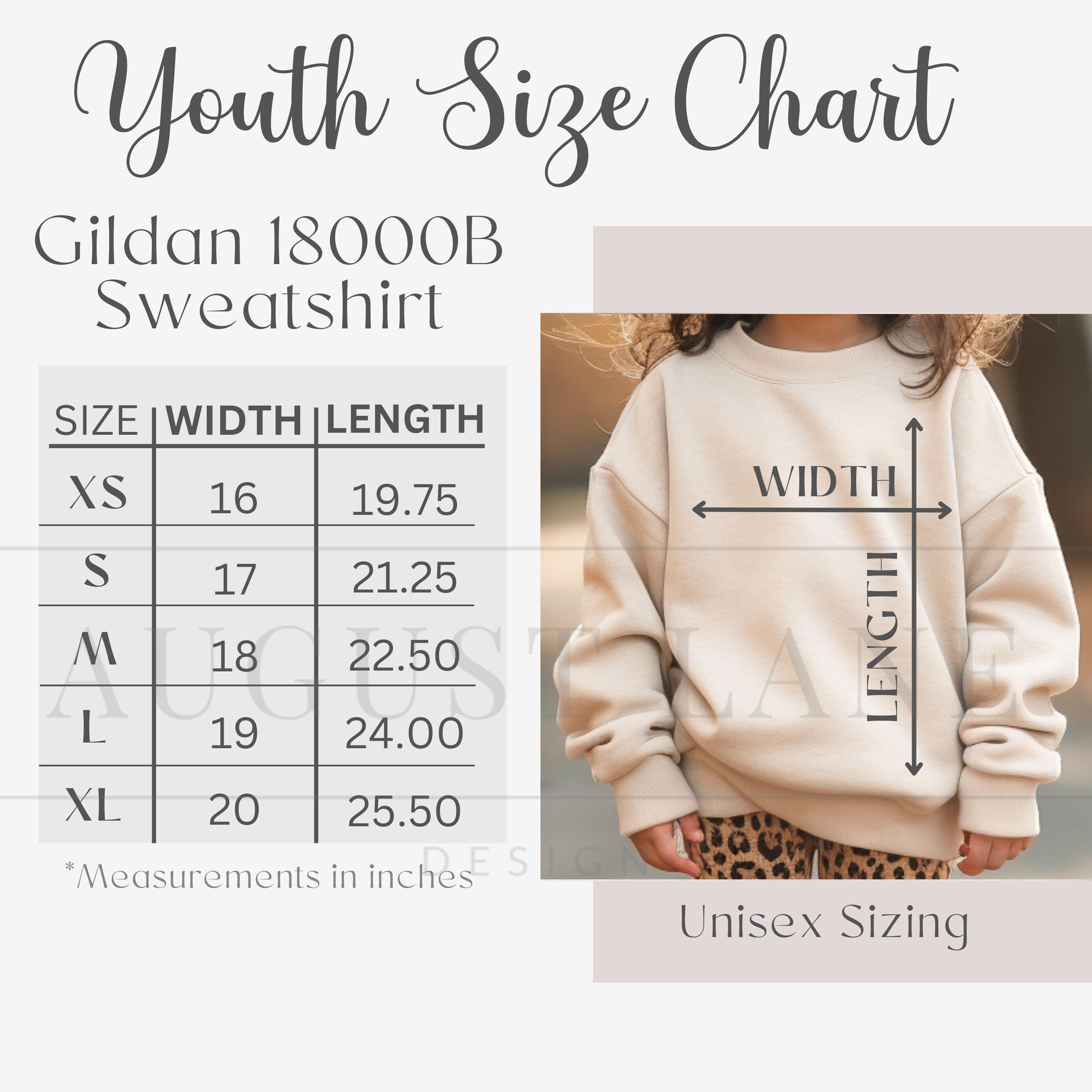Gildan 18000B Size Chart, Gildan Youth Sweatshirt Size Chart, Gildan