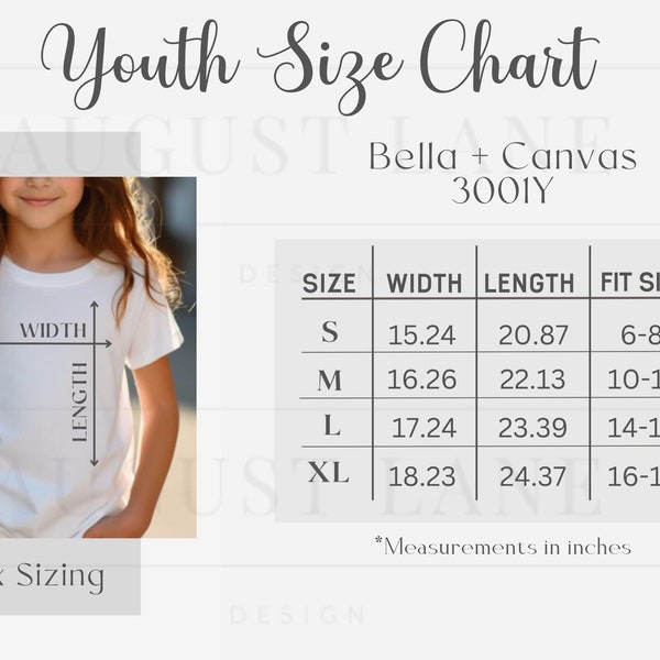 Bella Canvas 3001Y Size Chart, Bella and Canvas 3001Y Size Chart Mockup, Kids Size Chart Mockups, Kids Tshirt Sizing Guide, Youth Size Chart