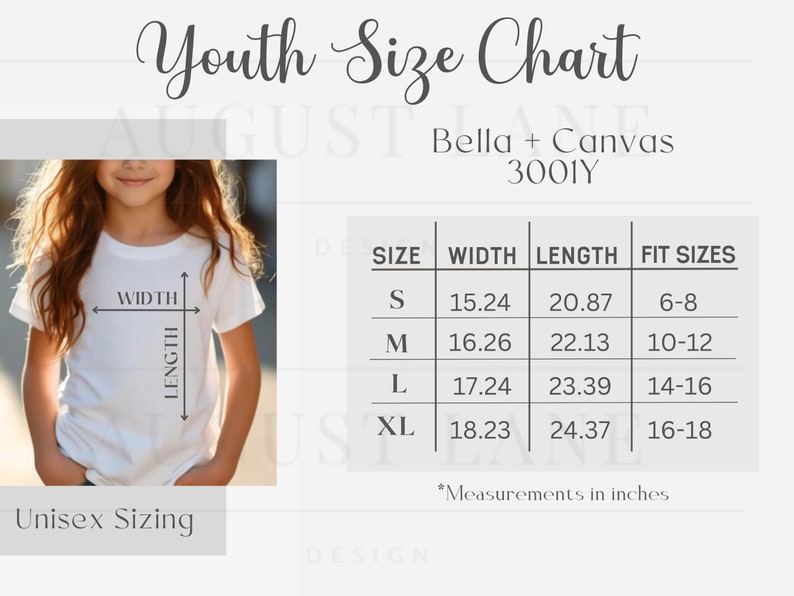 May include: Youth size chart for Bella + Canvas 3001Y t-shirts. The chart shows the width and length of the shirts in inches, as well as the corresponding fit sizes for children aged 6-18.