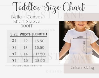 Tabla de tallas Bella Canvas 3001T, tabla de tallas para niños pequeños, maqueta de tabla de tallas Bella y Canvas 3001T, maqueta de tabla de tallas para niños, guía de tallas de camisetas para niños