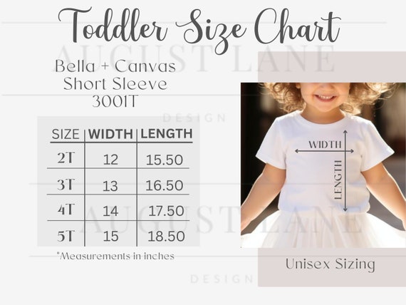 Bella Canvas 3001T Size Chart, Toddler Size Chart, Bella and Canvas 3001T Size Chart Mockup, Kids Size Chart Mockup, Kid Tshirt Sizing Guide