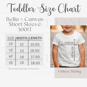 Tabla de tallas Bella Canvas 3001T, tabla de tallas para niños pequeños, maqueta de tabla de tallas Bella y Canvas 3001T, maqueta de tabla de tallas para niños, guía de tallas de camisetas para niños