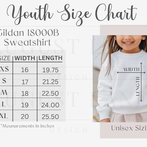 May include: Youth size chart for Gildan 18000B sweatshirts. The chart shows sizes XS through XL with corresponding width and length measurements in inches.