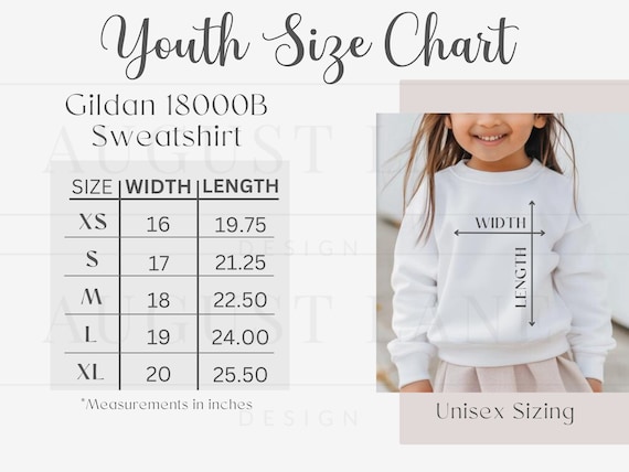 Gildan 18000B Size Chart, Gildan Youth Sweatshirt Size Chart, Gildan 18000B Mockup, Gildan Kids Size Chart, Youth sweatshirt size guide
