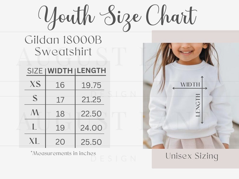 May include: Youth size chart for Gildan 18000B sweatshirts. The chart shows sizes XS through XL with corresponding width and length measurements in inches.