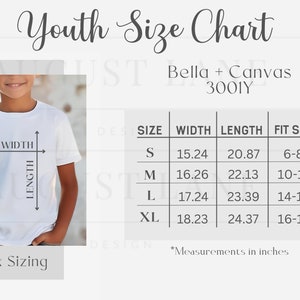 Bella Canvas 3001Y Tabla de tallas, Maqueta de tabla de tallas Bella y Canvas 3001Y, Maquetas de tabla de tallas para niños, Guía de tallas de camisetas para niños, Tabla de tallas para jóvenes