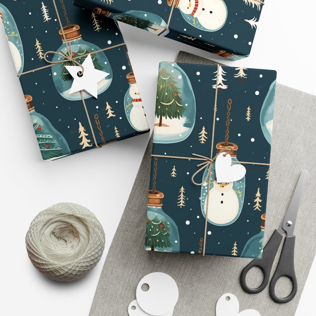 Snowmen Inside Evergreen Snowglobe Winter Wrapping Paper, Ideal for