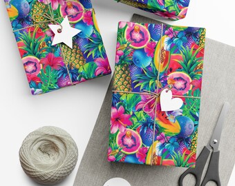 Geschenkpapier Lebendige tropische Früchte & Blumenparadies - Bunte exotische Blumen und saftige Früchte Geschenkpapier für Sommergeschenke