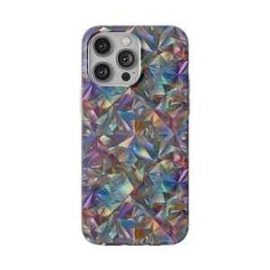 May include: A phone case with a iridescent geometric pattern. The case is made of clear plastic and has a raised camera bump.