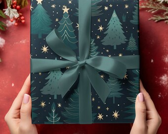 Wrapping Paper Festive Christmas Wrapping Paper- Seamless Pattern with Christmas Trees and Stars on Dark Background