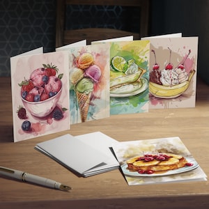 Set wenskaarten artistieke zomertraktaties: 5 kaarten met zachte pastelkleur en inkt, bijpassende enveloppen, papier van hoge kwaliteit