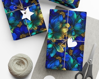 Wrapping Paper Midnight Bloom Brilliance - Vivid Blue and Golden Floral Pattern Wrapping Paper for Luxurious and Bold Gift Presentation