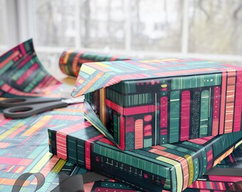 Vibrant Library Inspired Wrapping Paper, Book Patterned Gift Wrap, Ideal for Book Lovers and Literature Enthusiasts on Dark Background