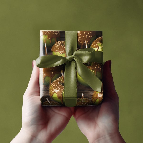 Papier cadeau Délicieuse pomme verte caramel récolte d'automne, avec des cacahuètes, papier cadeau Spooky Season