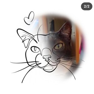 May include: A unique artwork featuring a cat's face. The image combines a detailed photograph of a gray and white cat with a minimalist black line drawing overlay. A small heart shape is drawn above the cat's head.