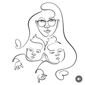 May include: A black and white line drawing of a woman with long hair and glasses, with two smaller faces below. The artwork has a minimalist style, with continuous lines forming the figures.