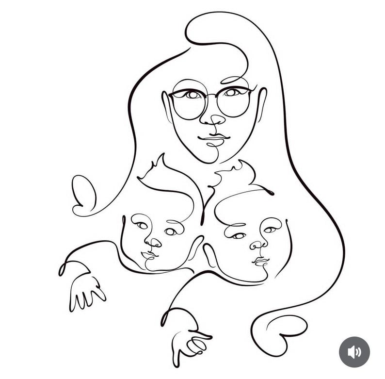 May include: A black and white line drawing of a woman with long hair and glasses, with two smaller faces below. The artwork has a minimalist style, with continuous lines forming the figures.