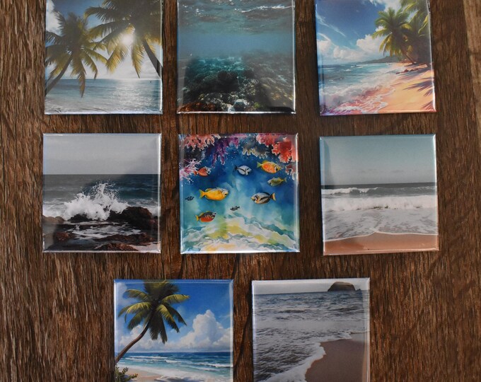 2x2 Square Beach Themed  Fridge Magnets set of 8