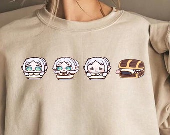 Four Chibi Elfs White Hair Frontside Hoodie & Crewneck, Heavy Cotton Outerwear,Anime Inspired Design