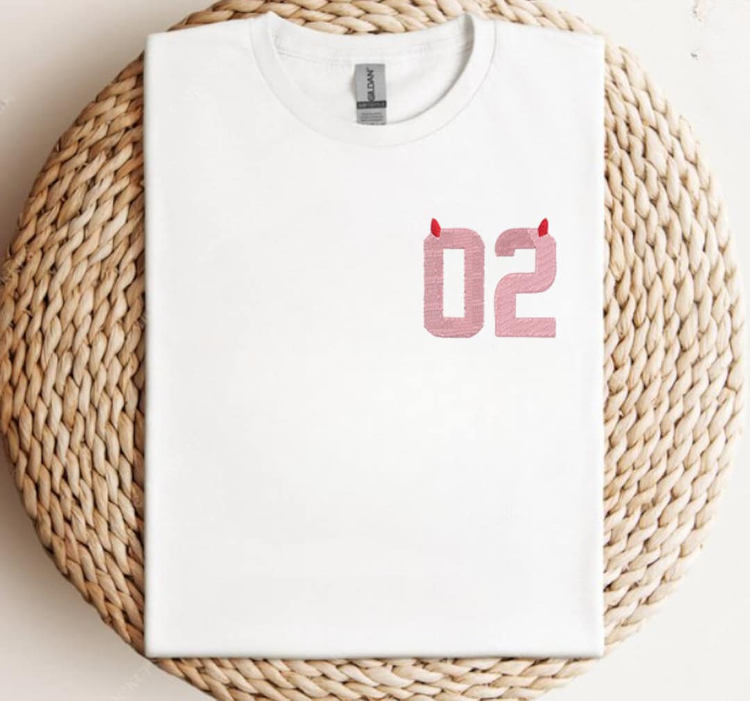 Embroidered Zero Two Horned Numbers Pink Tshirt, Soft Lightweight ...