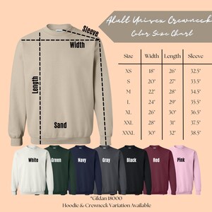 Puede incluir: Una tabla de tallas para una sudadera con cuello redondo unisex. La tabla muestra el ancho, la longitud y la longitud de la manga en pulgadas para las tallas XS a XXXL. La sudadera est&aacute; disponible en 8 colores: blanco, verde, azul marino, gris, negro, rojo, rosa y arena.