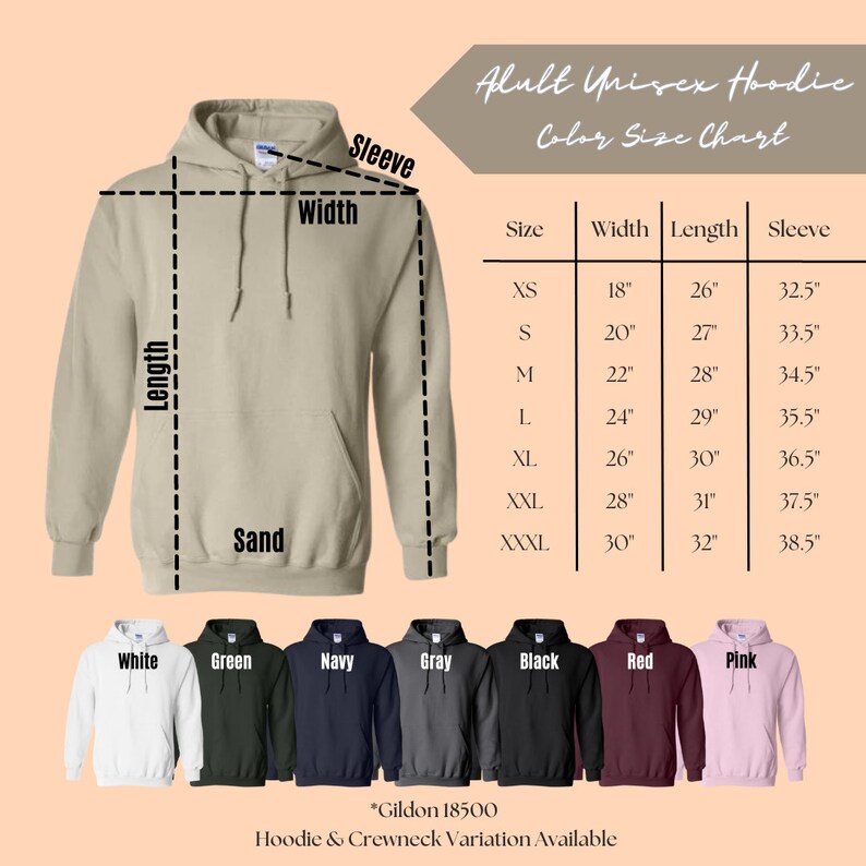 Puede incluir: Una tabla de tallas para sudaderas con capucha unisex para adultos, que muestra las medidas en pulgadas para el ancho, la longitud y la longitud de la manga. La tabla incluye las tallas XS a XXXL. La sudadera con capucha se muestra en color arena. La tabla tambi&eacute;n muestra la sudadera con capucha en otros colores: blanco, verde, azul marino, gris, negro, rojo y rosa.