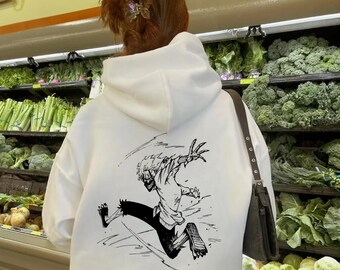 Sudadera con capucha y cuello redondo minimalista de niño de escuela de pelo blanco corriendo hacia atrás, prenda exterior de algodón grueso, diseño inspirado