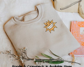 Sweat à capuche et col rond brodés Laughing Sun Face Grin, Vêtements d'extérieur en coton épais, Design inspiré, Cadeaux de qualité pour amis