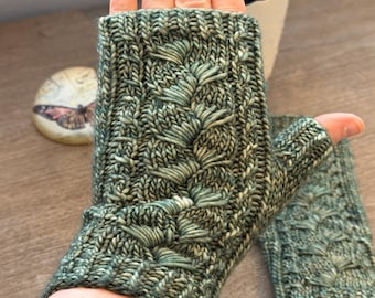 Lightweight Fingerless Gloves: Hand-Knit Sage Green Merino Wool Mitts
