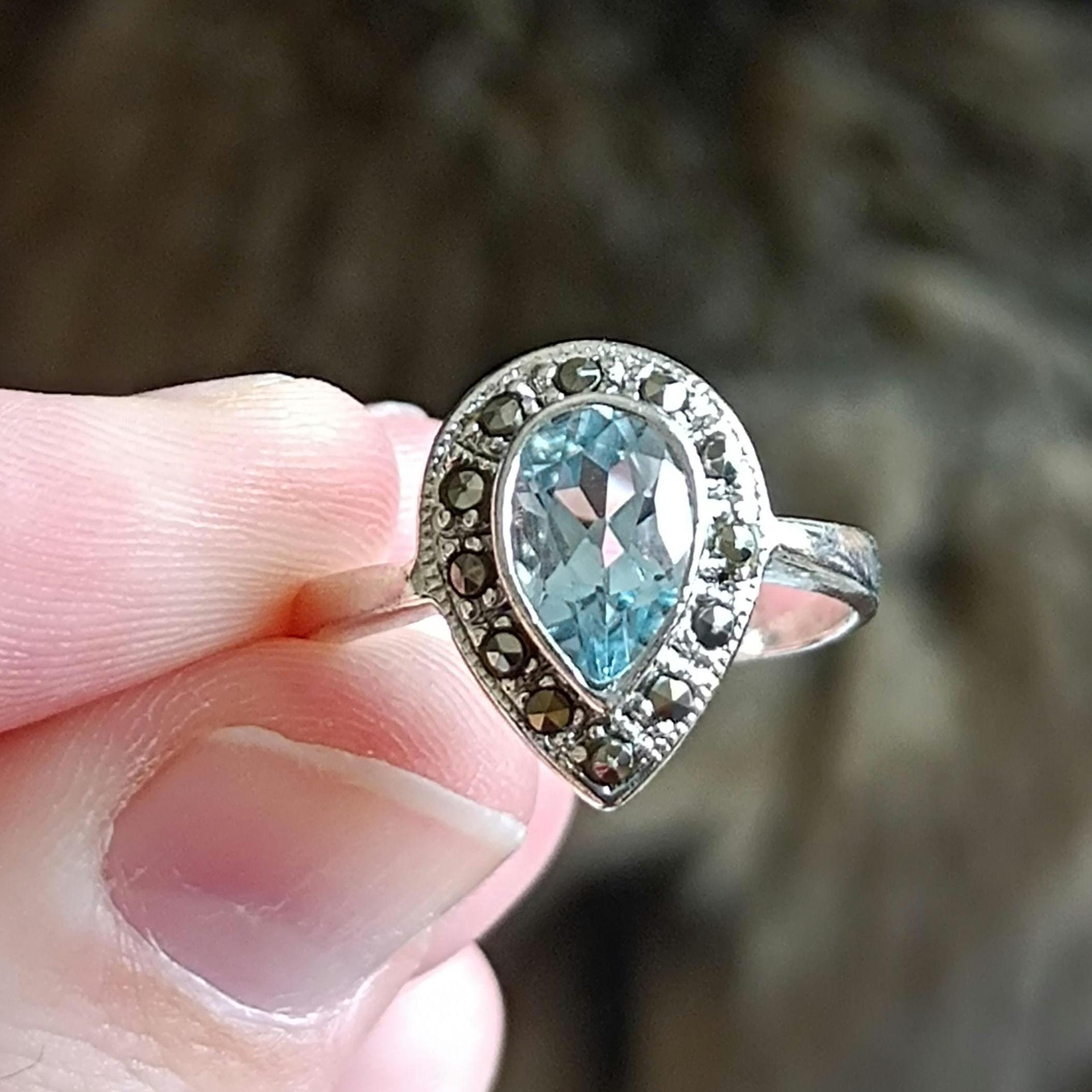 Bague Ancienne En Argent Massif Avec Topaze Bleue - Taille 51, Vintage, Très Bon état