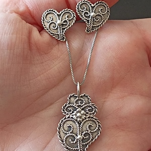 Portuguese Filigree Silver Heart of Viana Jewellery Set Handmade Vintage Necklace and Earring Parure Coeur Viana Argent Filigrane Gift  Her