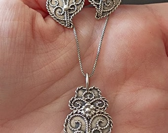 Silver Jewellery Set Portuguese Filigree Heart of Viana Handmade Vintage Necklace and Earrings Heart Jewelry Cute Parure Gift for Girl