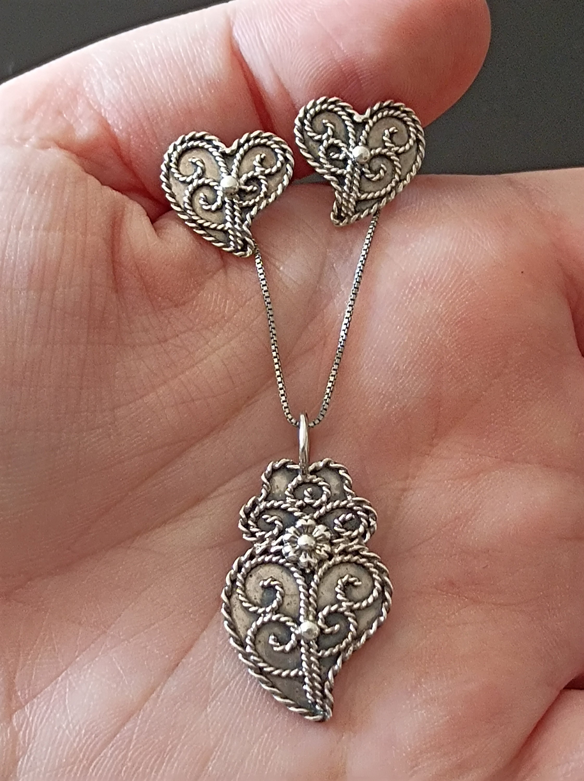 Portuguese Filigree Silver Heart of Viana Jewellery Set Handmade Vintage Necklace and Earring Parure Coeur Viana Argent Filigrane Gift  Her