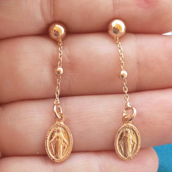 Virgin Mary Golden Earring Miraculous Medallion Gold Vermeil Religious Jewelry Dangling Stud Protection Charm Gift Silver Holly Ghost Jesus