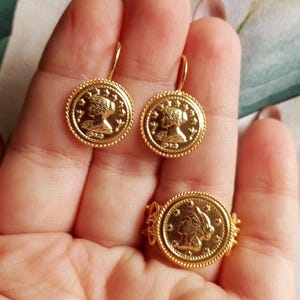 Portuguese Filigree Roman Cameo Coin Earring Gold Vermeil Signet Ring Greek Bust Sovereign Inspired Jewelry Set Cameo Medallion Antique Gold