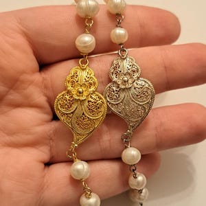 Goldplated Silver Bracelet with Filigree Heart of Viana and Fresh Water White Barroque Pearls Handmade Bracelet Vermeil Chapelet Jewellery