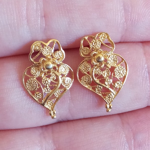 925 Sterling Silver Filigree Heart of Viana Portuguese Earrings Gold Vermeil Tradicional Filigree Hook Gilded Silver Heart Gift for Her