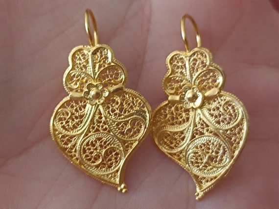 925 Sterling Silver Viana Heart Filigree Portuguese Earrings Gold Vermeil Traditional Filigree Hooks Gold Plated Silver Heart Gift for Her