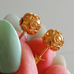 Solid Gold Earrings Portuguese Filigree Pearl of Viana Stud Earrings 9mm Boucles d&#39;Oreilles Or Massif 19 Carats Filigrane Portugaise Bijoux