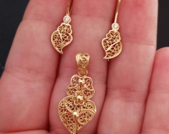 Portuguese Filigree 800 Gold Earring Heart of Viana Handmade  19.2 kt Filagree Pendant Gift Parure Or Portugais Massif Filigrane Coeur Viana
