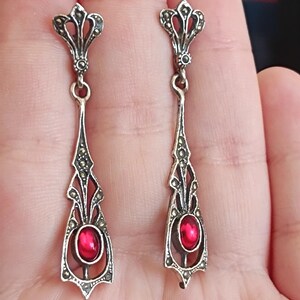 Victorian Dangling 925 Sterling Silver Earrings Vintage Style Portuguese Filigree Handmade Earring Red Stone Jewellery Gift for Her image 2