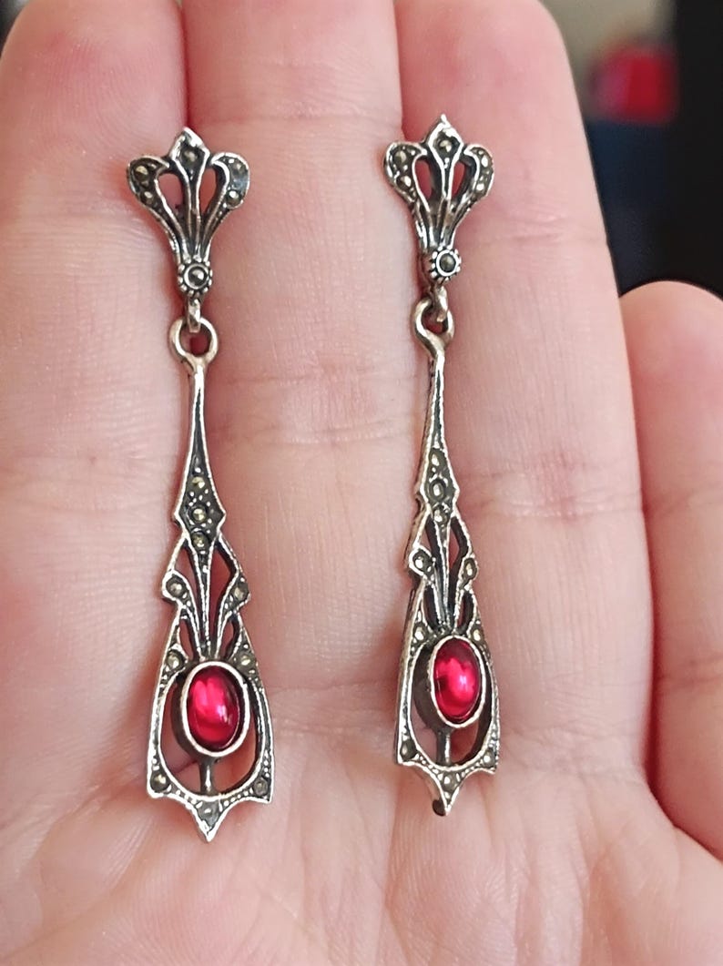 Victorian Dangling 925 Sterling Silver Earrings Vintage Style Portuguese Filigree Handmade Earring Red Stone Jewellery Gift for Her image 2