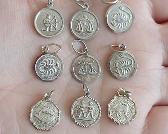 Sterling Silber Vintage Anhänger 925 Massiv Kleine Charms für Schutz Glück Horoskop Sternzeichen Krebs Zwillinge Skorpion Jungfrau Anhänger