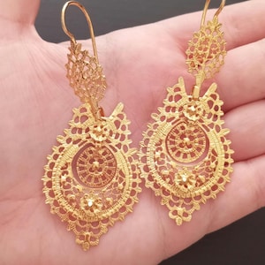 Grote filigraan gouden koningin oorbellen Portugal handgemaakt cadeau Minho Brincos Filigrana Tradicional Rainha Portuguesa Prata de Lei Ouro Vermeil Maxi