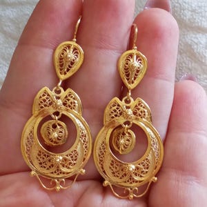 Filigree Earrings Gold Vermeil Portuguese Traditional Handmade Filigree Queen Earring Princess Design Big Gold Dangling Earring Silver Jewel