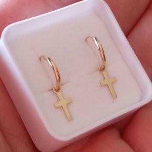 Veri orecchini a cerchio in oro 9K, orecchini unisex in oro giallo 375 puro con ciondolo a croce, orecchini a cerchio pendenti in oro con croce, regalo di gioielli in stile K-Pop